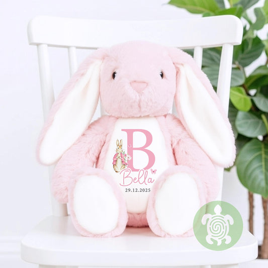 Personalised Pink Rabbit Initial Birth Bunny, Newborn Baby Gift, Custom Soft Toy for Newborn, Birthday, Newborn Babies Keepsake, New Baby