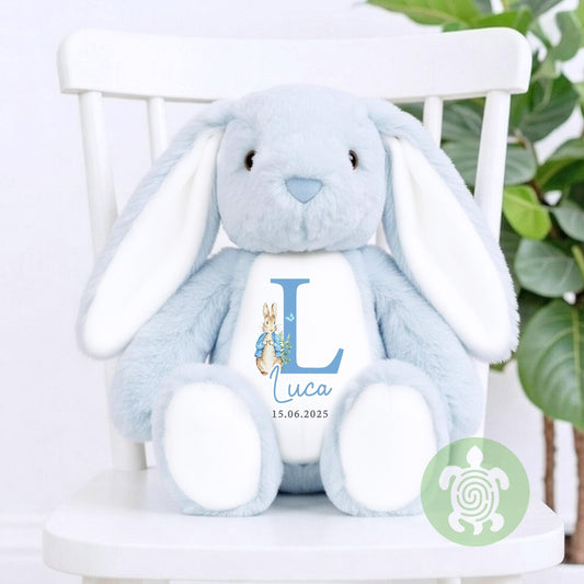 Personalised Blue Rabbit Initial Birth Bunny, Newborn Baby Gift, Custom Soft Toy for Newborn, Birthday, Newborn Babies Keepsake, New Baby