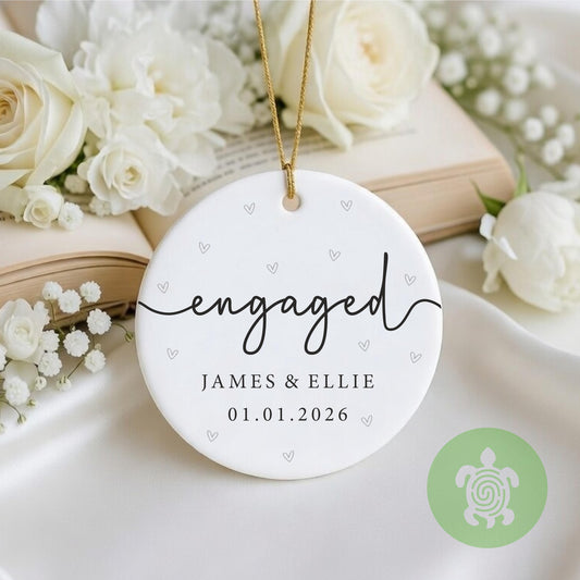 Personalised Engaged Ornament, Ceramic Bauble, Newlyweds Gift, Couples Keepsake, Engagement Present, Heart Shaped Decoration, Love, Couple