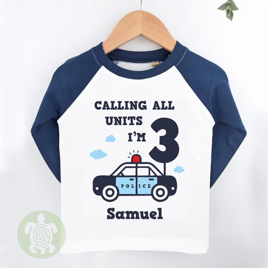 Police Car Themed Birthday Party Top |  Personalised Birthday Gift| White or Long Sleeve Baseball T-Shirt | Navy Any Age Birthday Top