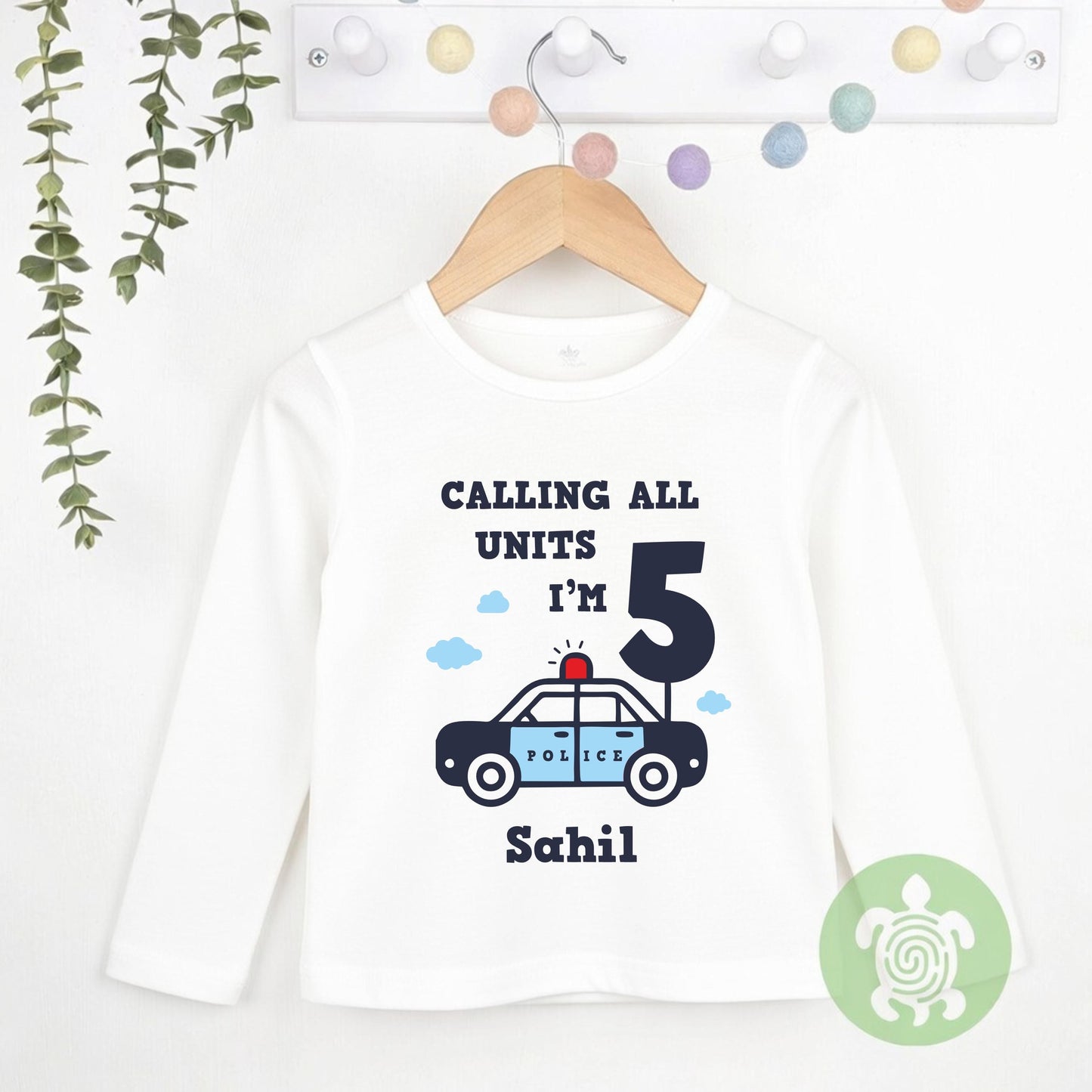 Police Car Themed Birthday Party Top |  Personalised Birthday Gift| White or Long Sleeve Baseball T-Shirt | Navy Any Age Birthday Top