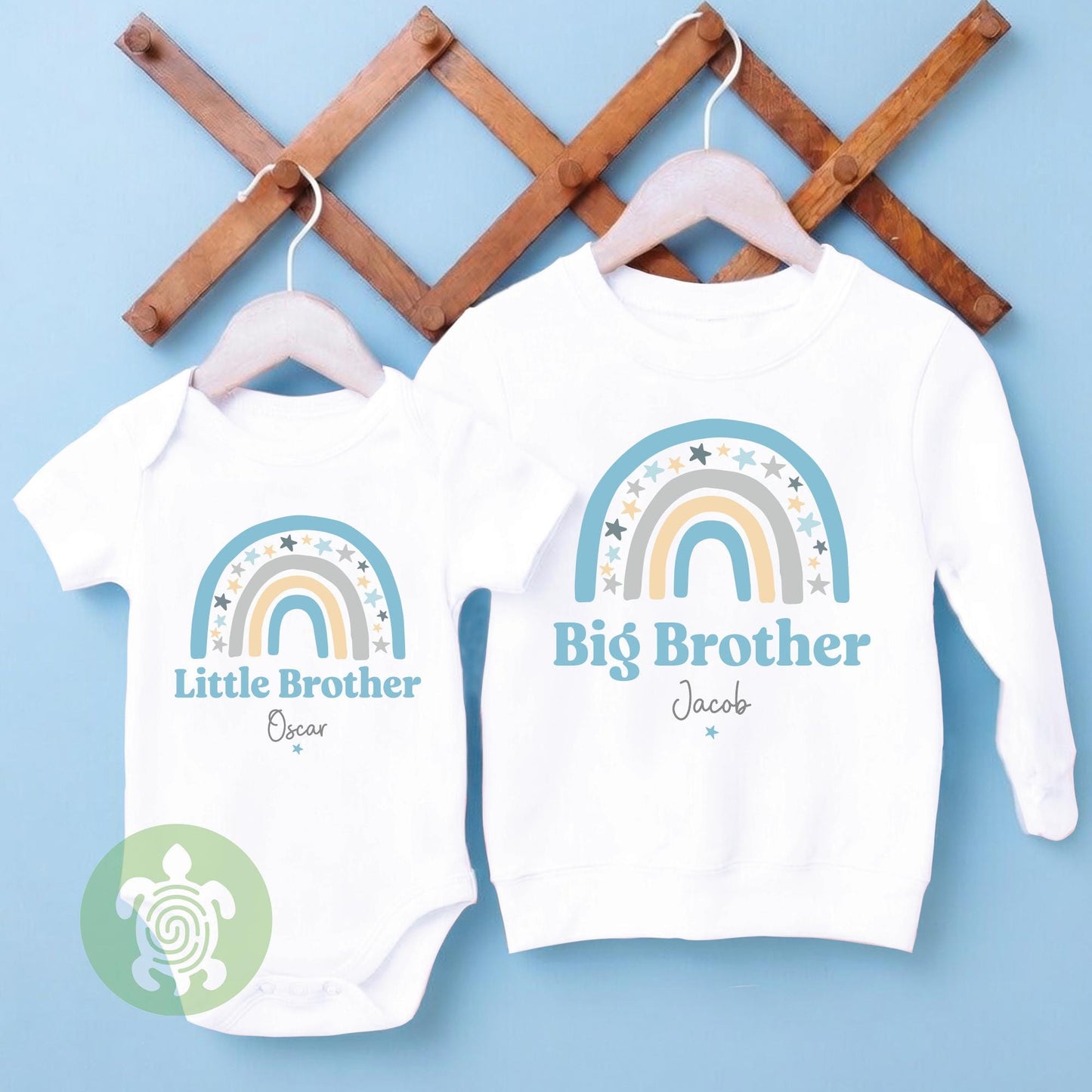 Personalised Blue Boho Rainbow Lil Big Biggest Boys Matching Set |Baby Sleepsuit| Sibling Brother | Children's T-shirt Clothing | Gift Set