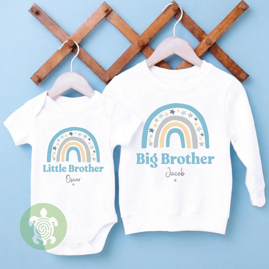Personalised Blue Boho Rainbow Lil Big Biggest Boys Matching Set |Baby Sleepsuit| Sibling Brother | Children's T-shirt Clothing | Gift Set