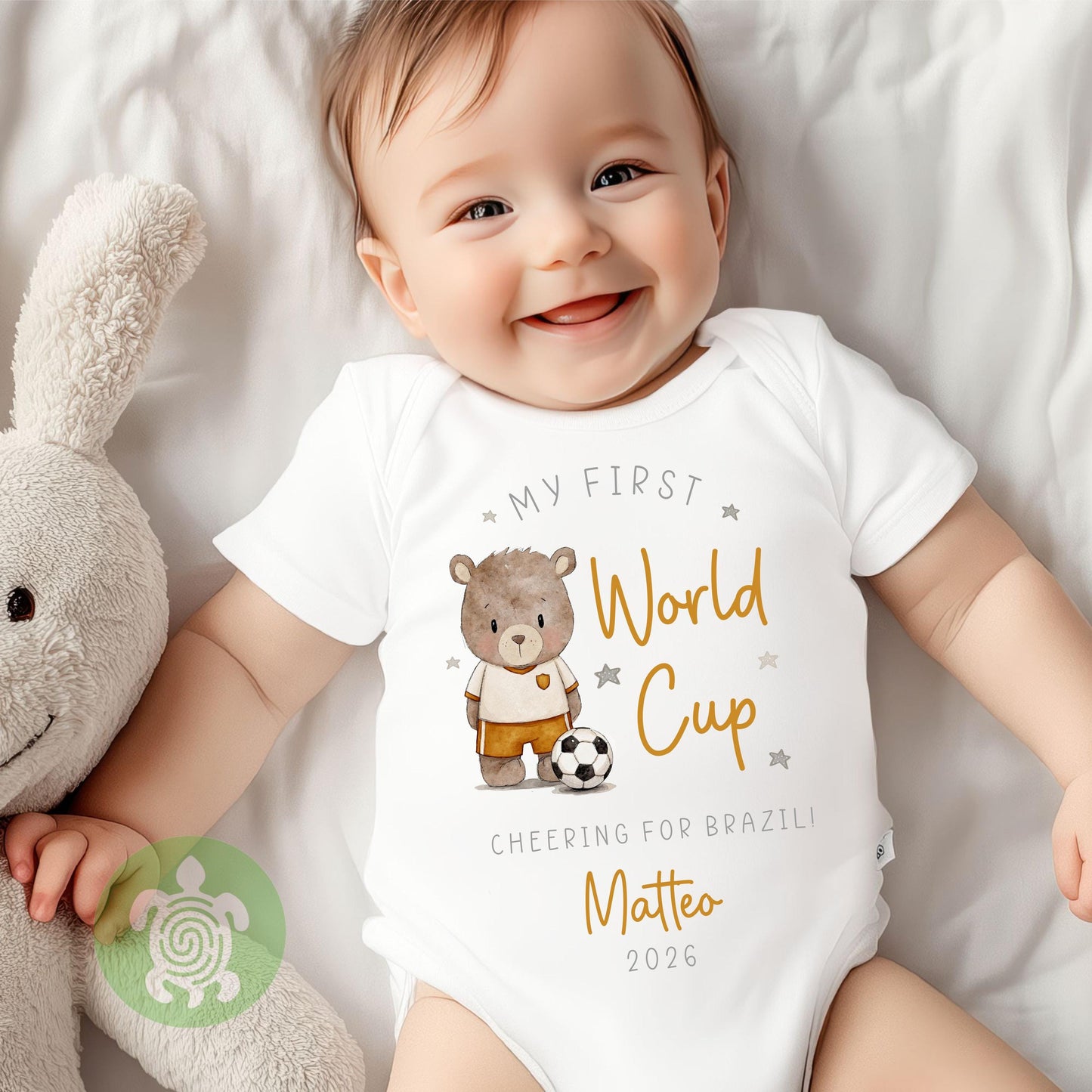 Personalised First World Cup 2026 Babygrow T-shirt, Fifa World Cup, Teddy Bear Football, Baby Vest, Childrens Top, Baby's 1st World Cup