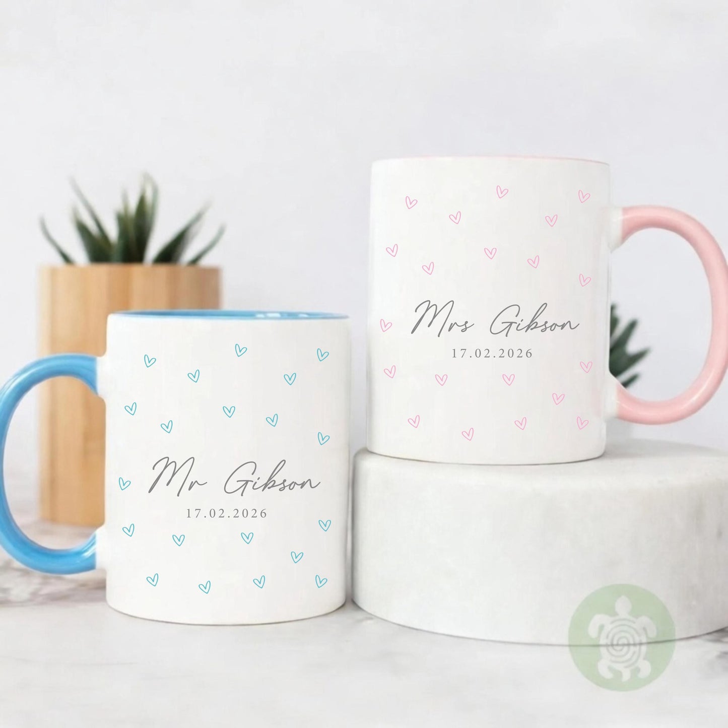 Personalised Mr & Mrs Heart Wedding Mugs, Couple Coffee Tea Mug, Wedding or Anniversary Mug, Bride and Groom Mug Set, Wedding Coaster Set