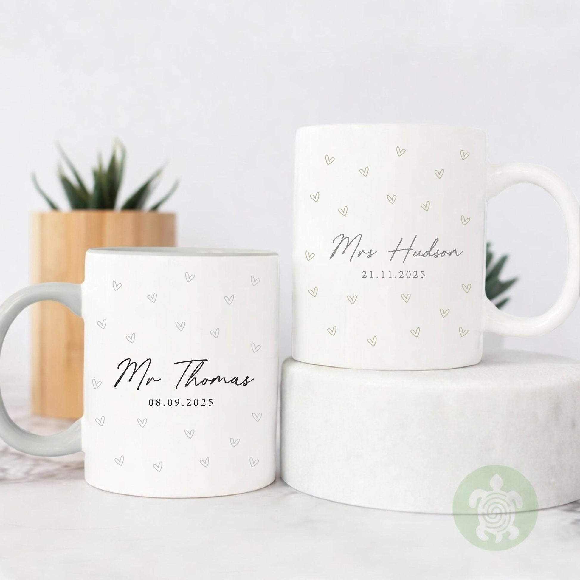 Personalised Mr & Mrs Heart Wedding Mugs, Couple Coffee Tea Mug, Wedding or Anniversary Mug, Bride and Groom Mug Set, Wedding Coaster Set
