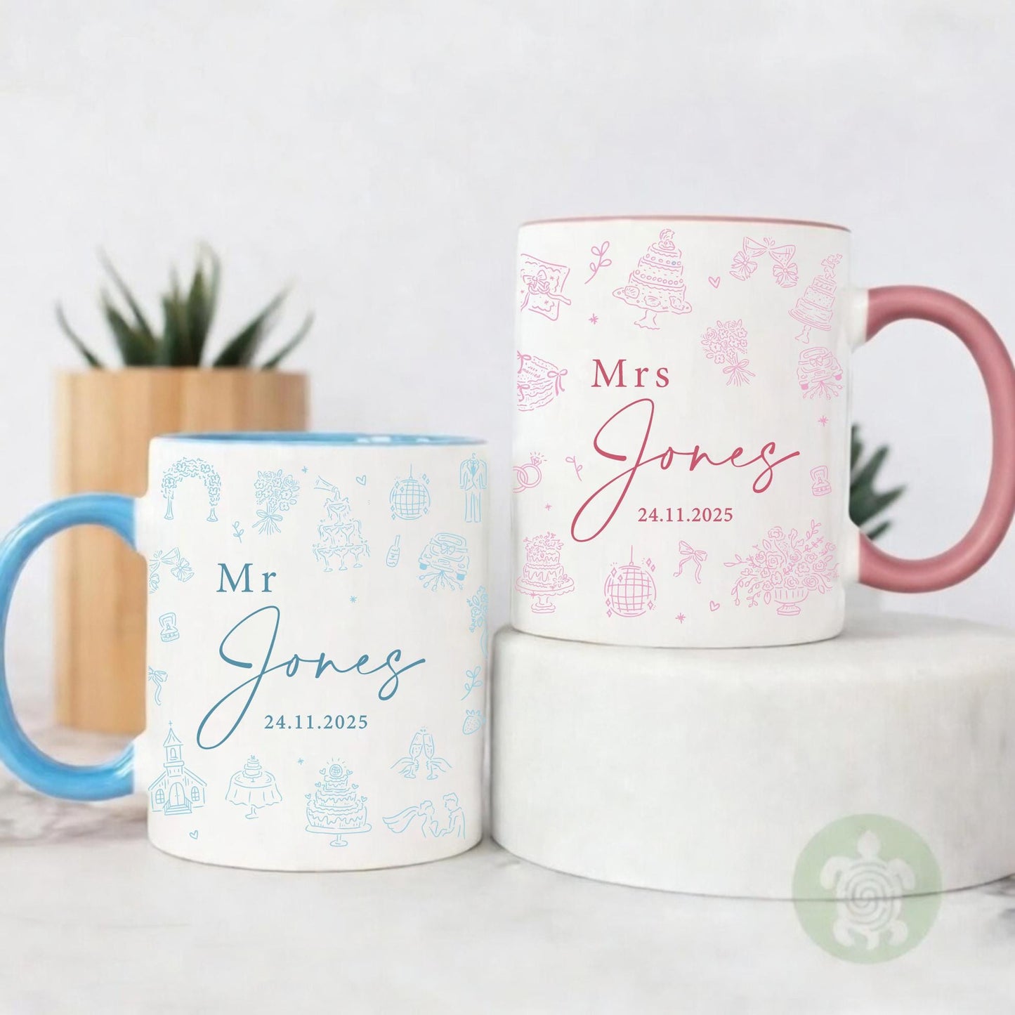 Personalised Mr & Mrs Couples Doodle Mugs, Coffee Tea Mug, Wedding and Anniversary Gift, Wife and Hubby Matching Mug Set, Couples Gift