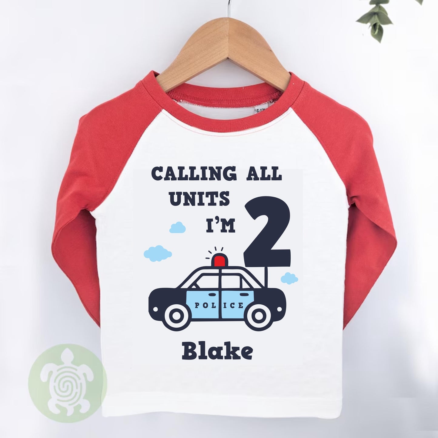 Police Car Themed Birthday Party Top |  Personalised Birthday Gift| White or Long Sleeve Baseball T-Shirt | Navy Any Age Birthday Top