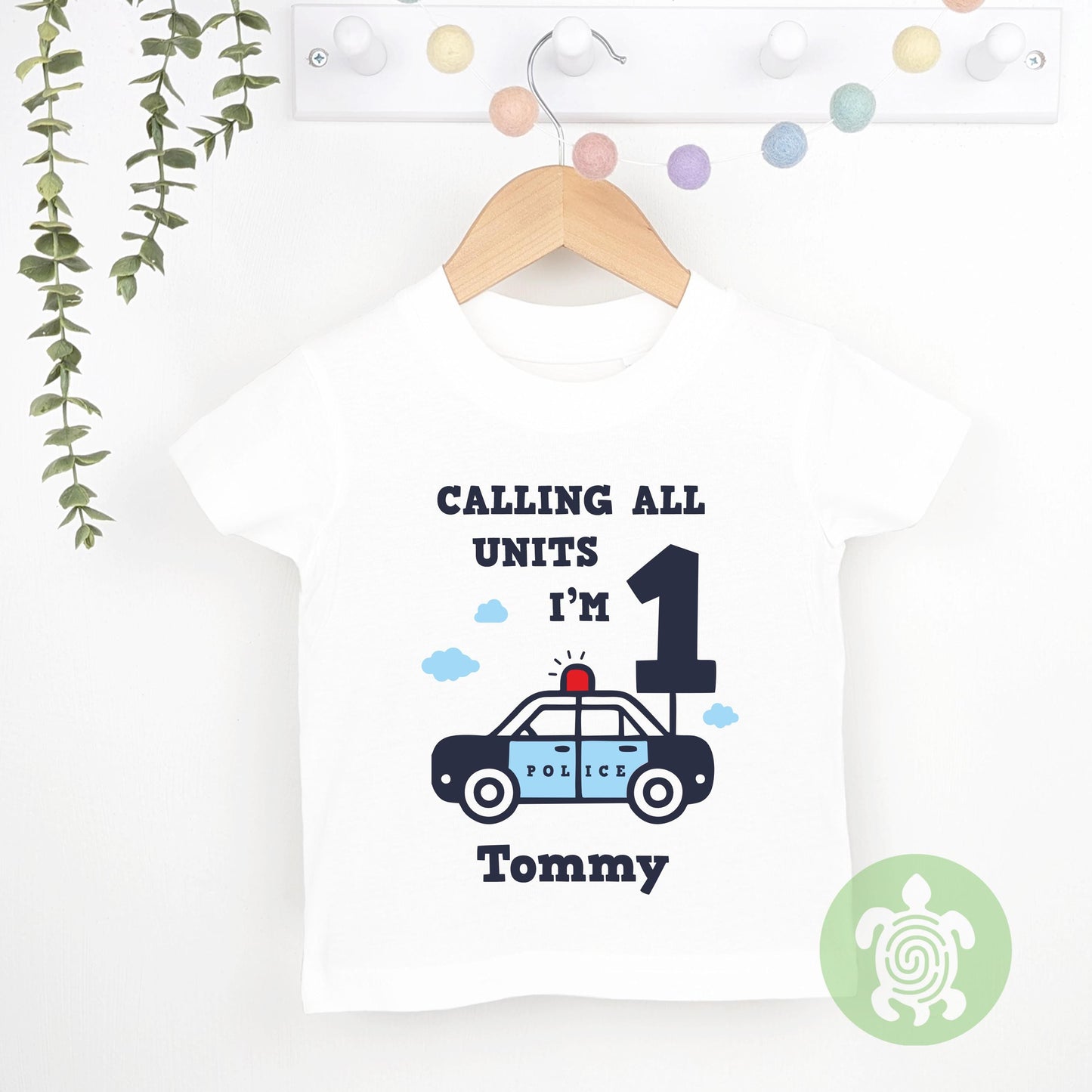 Police Car Themed Birthday Party Top |  Personalised Birthday Gift| White or Long Sleeve Baseball T-Shirt | Navy Any Age Birthday Top