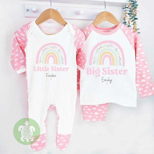 Personalised Girls Boho Rainbow Lil Big Biggest Sis Matching Set |Baby Sleepsuit| Sibling Sister | Children's Pyjamas Clothing | Gift Set