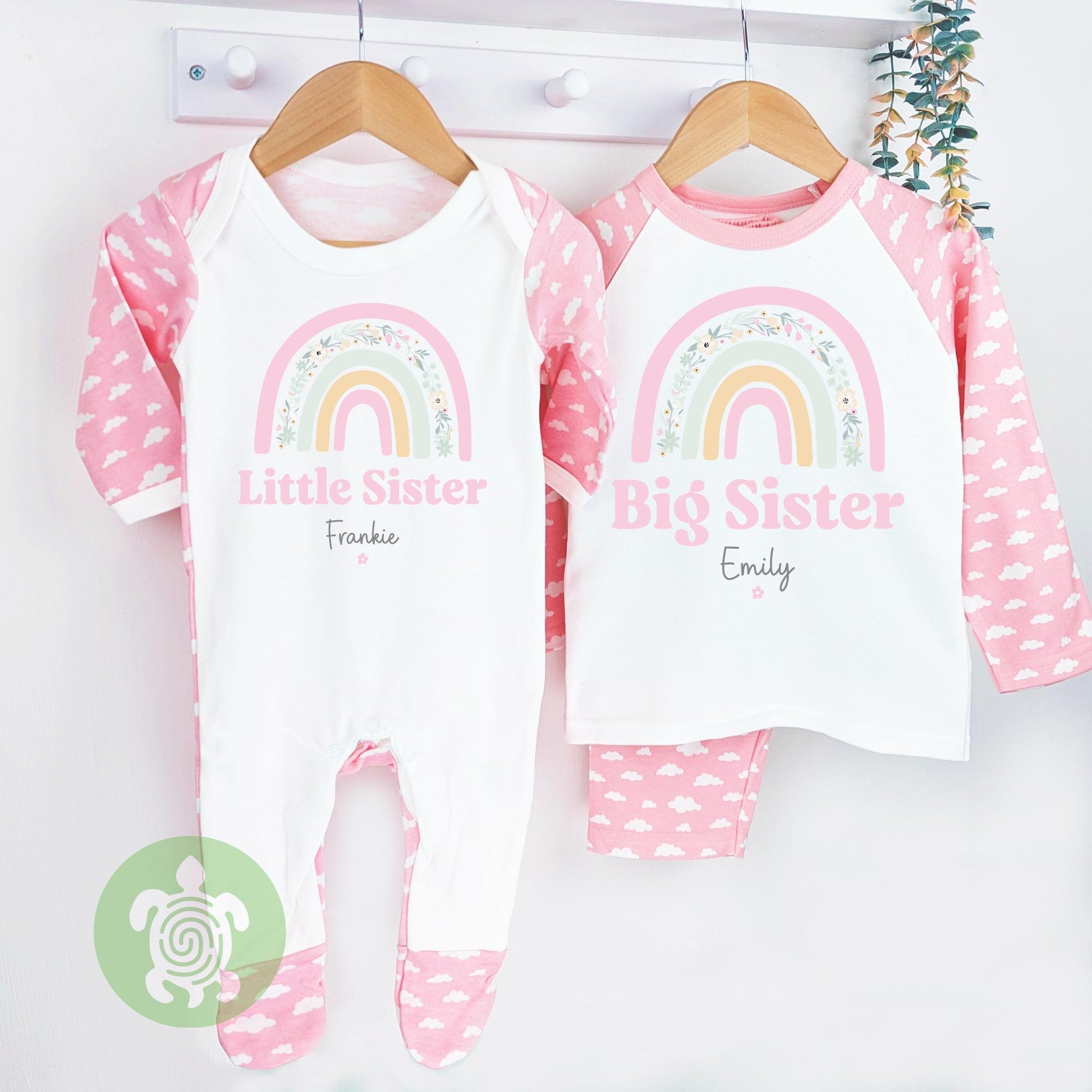 Personalised Girls Boho Rainbow Lil Big Biggest Sis Matching Set, Morning Set, Custom Name Clothing Set for Girls, Tight-fitting style