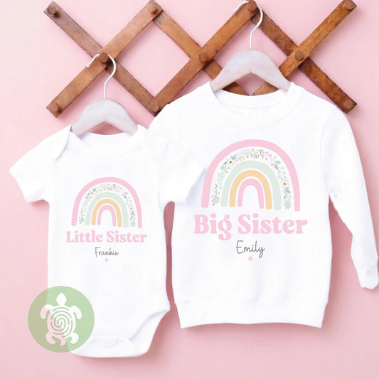 Personalised Pink Boho Rainbow Lil Big Biggest Girls Matching Set |Baby Sleepsuit| Sibling Sister | Children's T-shirt Clothing | Gift Set