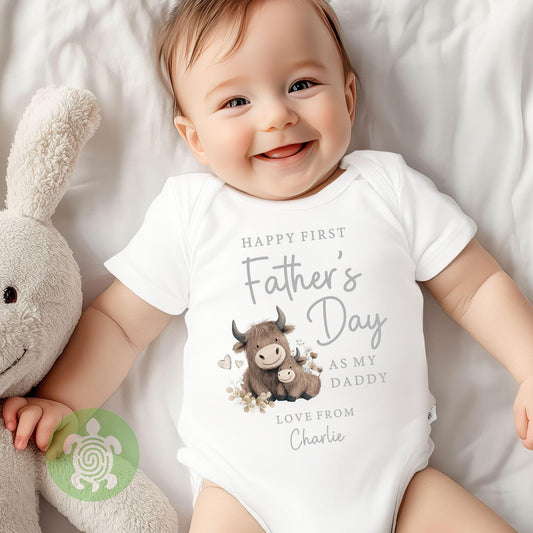 Personalised Happy 1st Fathers Day as my Daddy Highland Cow Design, First Father’s day Babygrow, First Father’s Day, 1st fathers day Gift