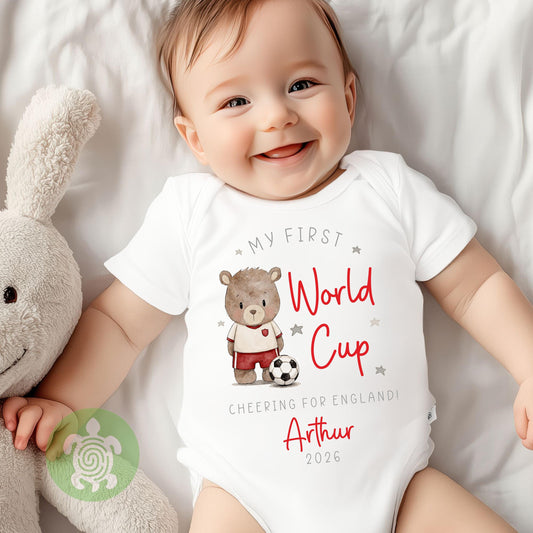 Personalised First World Cup 2026 Babygrow T-shirt, Fifa World Cup, Teddy Bear Football, Baby Vest, Childrens Top, Baby's 1st World Cup