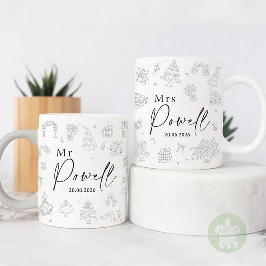 Personalised Mr & Mrs Couples Doodle Mugs, Coffee Tea Mug, Wedding and Anniversary Gift, Wife and Hubby Matching Mug Set, Couples Gift