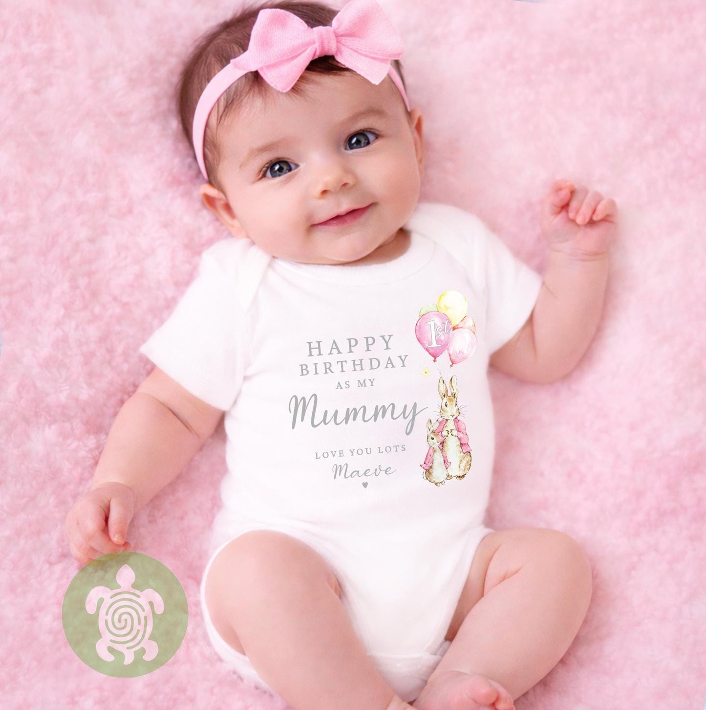 Bunny Happy 1st Birthday as my Mummy Love you Lots Baby Bodysuit Babygrow, Personalised Pink Blue Option, First Birthday Mum Gift
