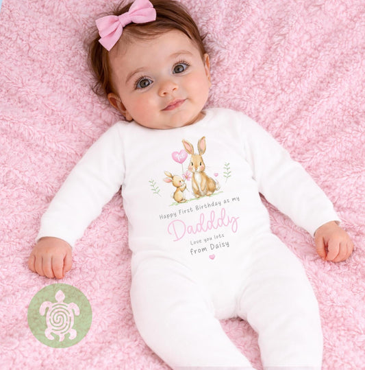 Personalised Bunny Happy 1st Birthday as My Mummy Sleepsuit, Baby Gift from Newborn, Baby Outfit, First Birthday as Daddy, Cute Baby Vest