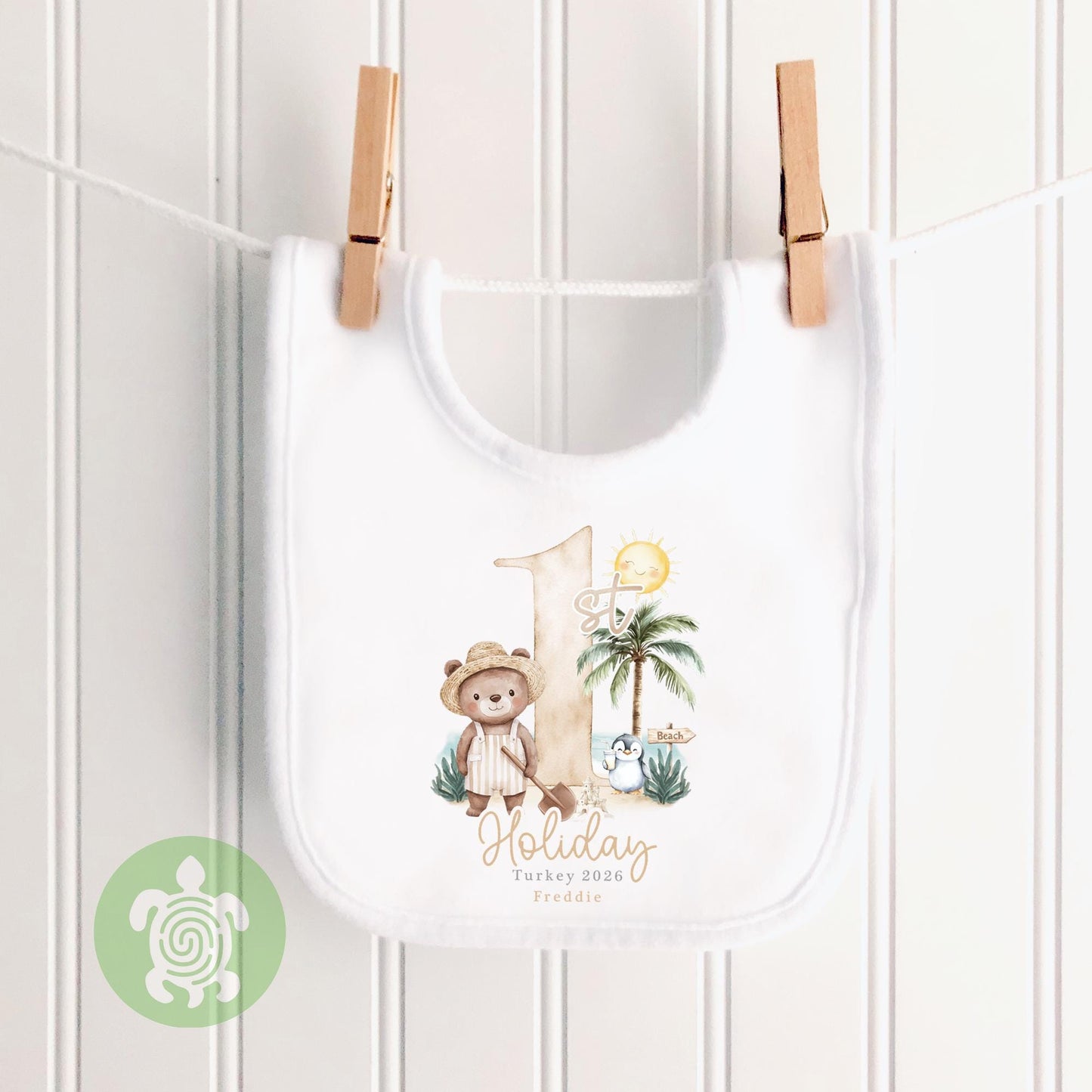 Personalised Bear Beach Holiday Baby Vest, Children's T Shirt, First Holiday Sleepsuit, Babies First Holiday, First Time Flyer