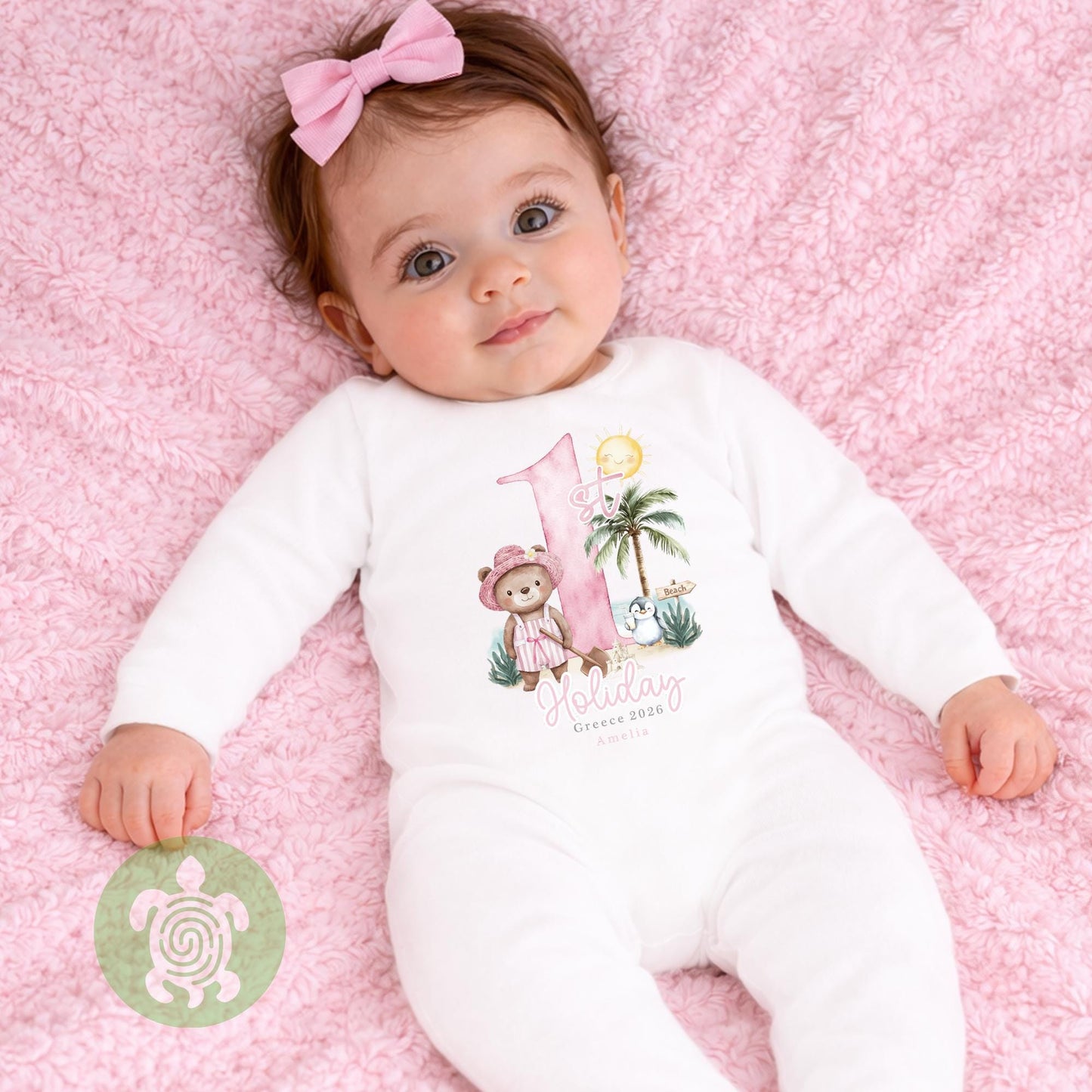 Personalised Bear Beach Holiday Baby Vest, Children's T Shirt, First Holiday Sleepsuit, Babies First Holiday, First Time Flyer, Pink or Blue