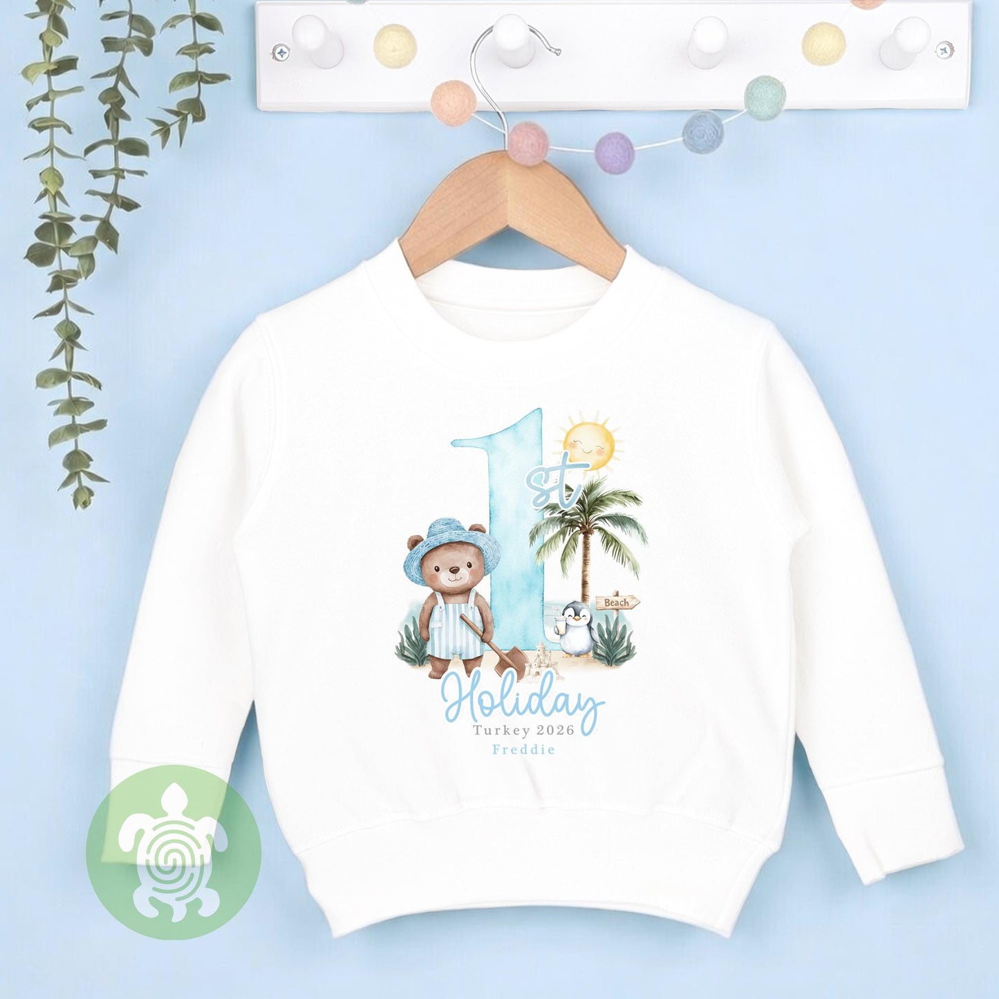 Personalised Bear Beach Holiday Baby Vest, Children's T Shirt, First Holiday Sleepsuit, Babies First Holiday, First Time Flyer, Pink or Blue
