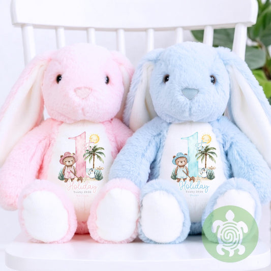 My First Holiday Gift, 1st Time Flyer, Holiday Bunny Toy, Personalised Holiday Bunny, Soft Toy Keepsake, Name Bunny, Toddler Gift