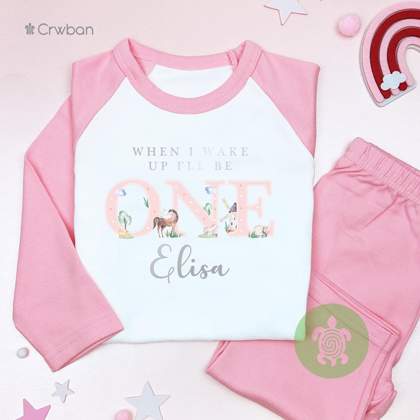 Watercolour Pink Farm Animal 1st 2nd Birthday Pj's Personalised First Second Birthday When I Wake Up Stripe Pyjamas
