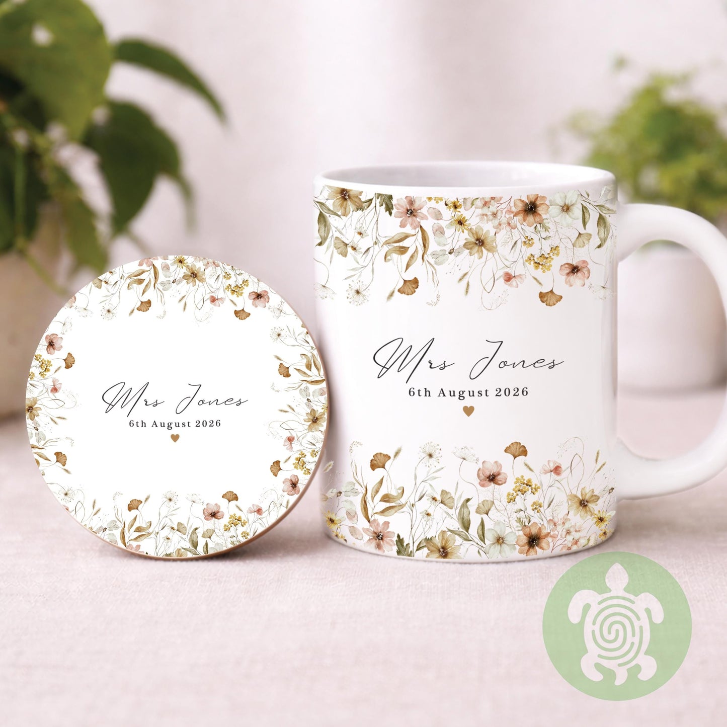 Personalised Mr & Mrs Floral Wedding Mugs, Couple Coffee Tea Mug, Wedding or Anniversary Mug, Bride and Groom Mug Set, Wedding Coaster Set