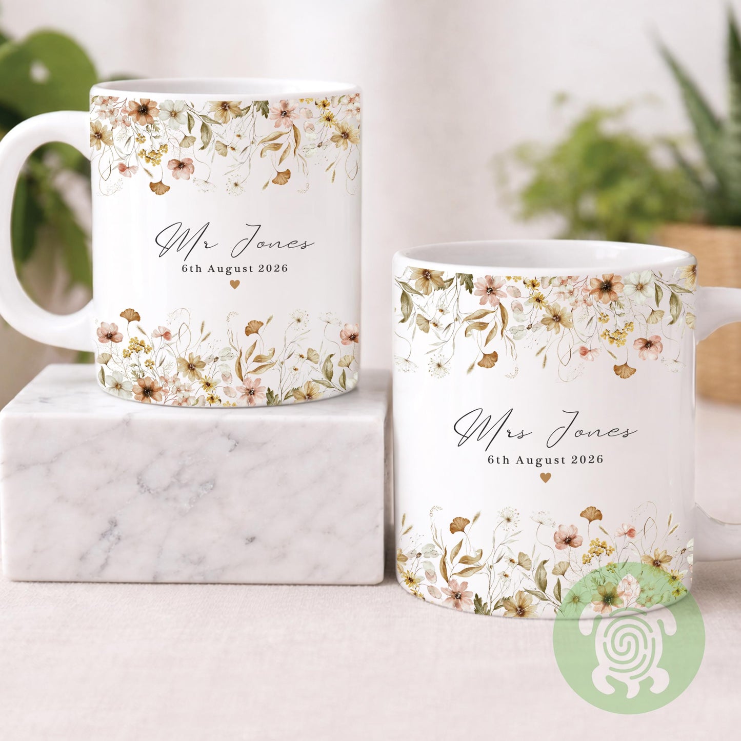 Personalised Mr & Mrs Floral Wedding Mugs, Couple Coffee Tea Mug, Wedding or Anniversary Mug, Bride and Groom Mug Set, Wedding Coaster Set