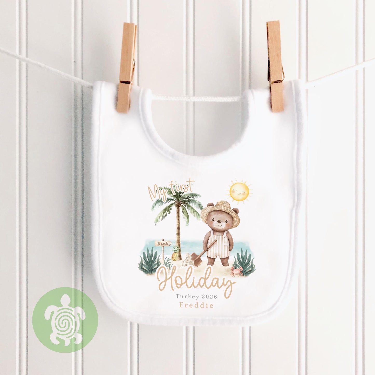 Personalised Bear Beach My First Holiday Baby Vest, Children's T Shirt, First Holiday Sleepsuit, Babies First Holiday, First Time Flyer