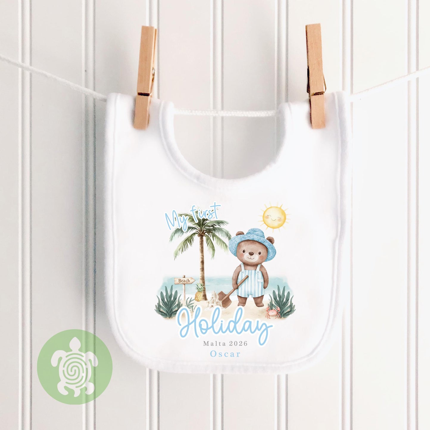 Personalised Blue Bear Beach My First Holiday Baby Vest, Children's T Shirt, First Holiday Sleepsuit, Babies First Holiday, First Time Flyer