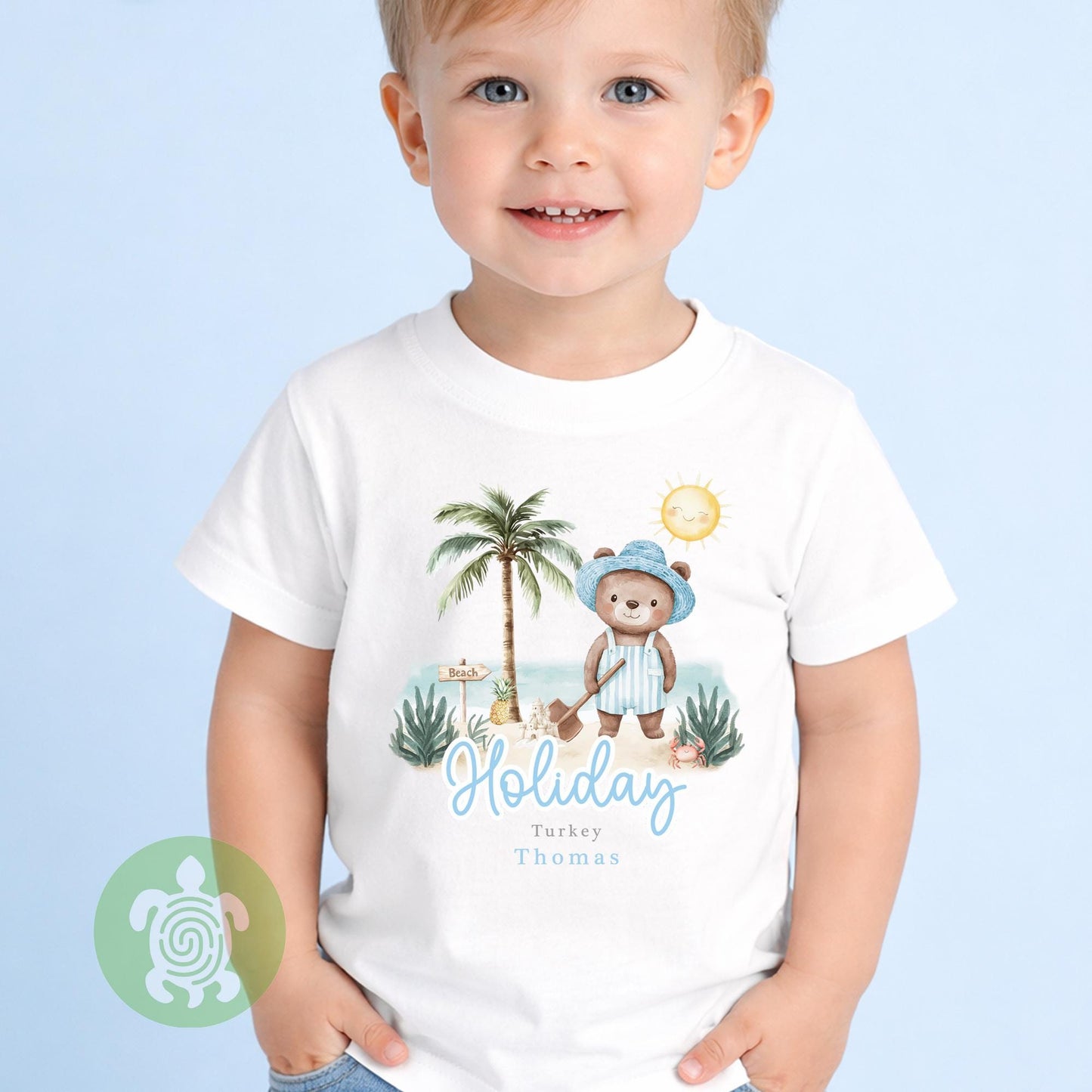 Personalised Blue Bear Beach Summer Holiday Baby Vest, Children's T Shirt, First Holiday, First Holiday, First Time Flyer, Travel Outfit