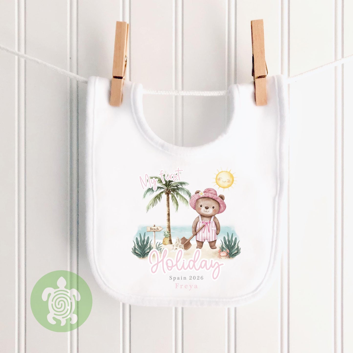 Personalised Pink Bear Beach My First Holiday Baby Vest, Children's T Shirt, First Holiday Sleepsuit, Babies First Holiday, First Time Flyer