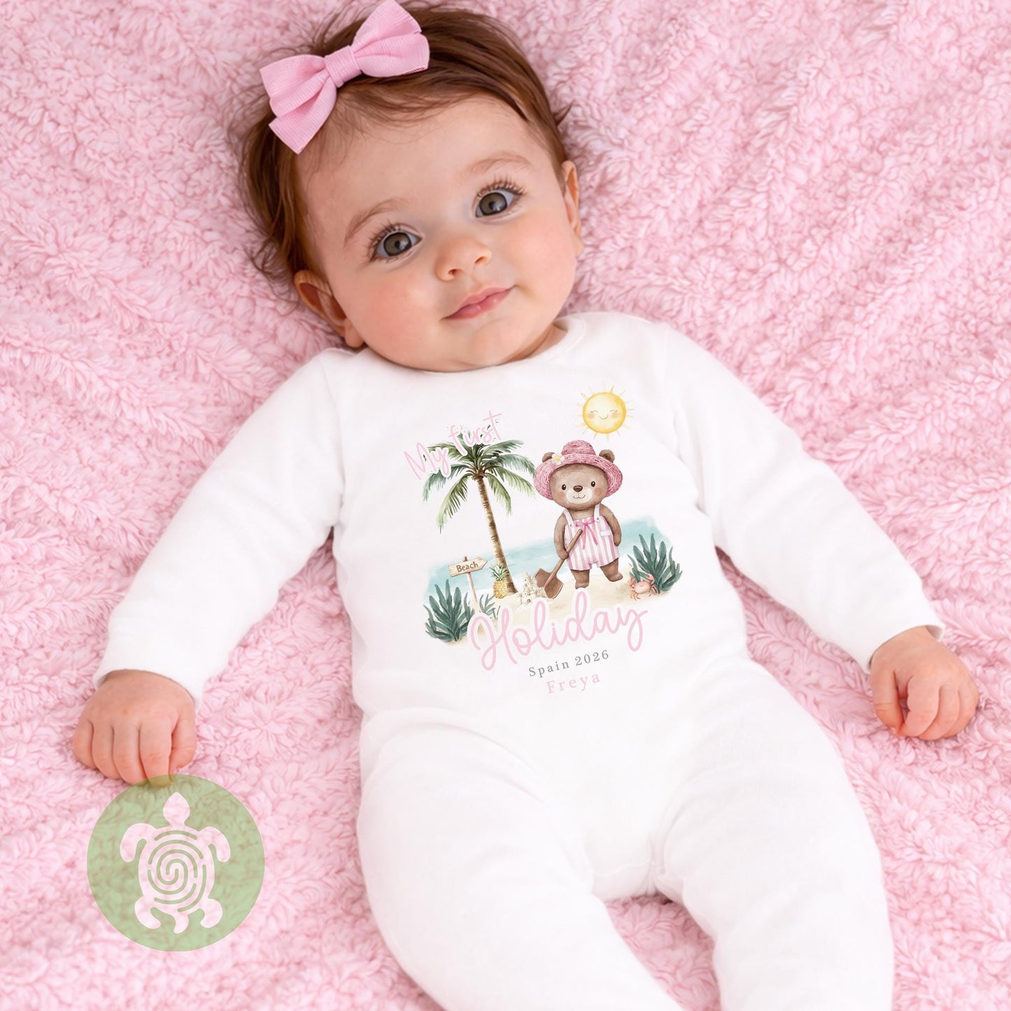 Personalised Pink Bear Beach My First Holiday Baby Vest, Children's T Shirt, First Holiday Sleepsuit, Babies First Holiday, First Time Flyer