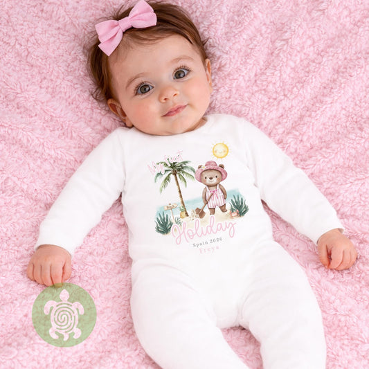 Personalised Pink Bear Beach My First Holiday Baby Vest, Children's T Shirt, First Holiday Sleepsuit, Babies First Holiday, First Time Flyer