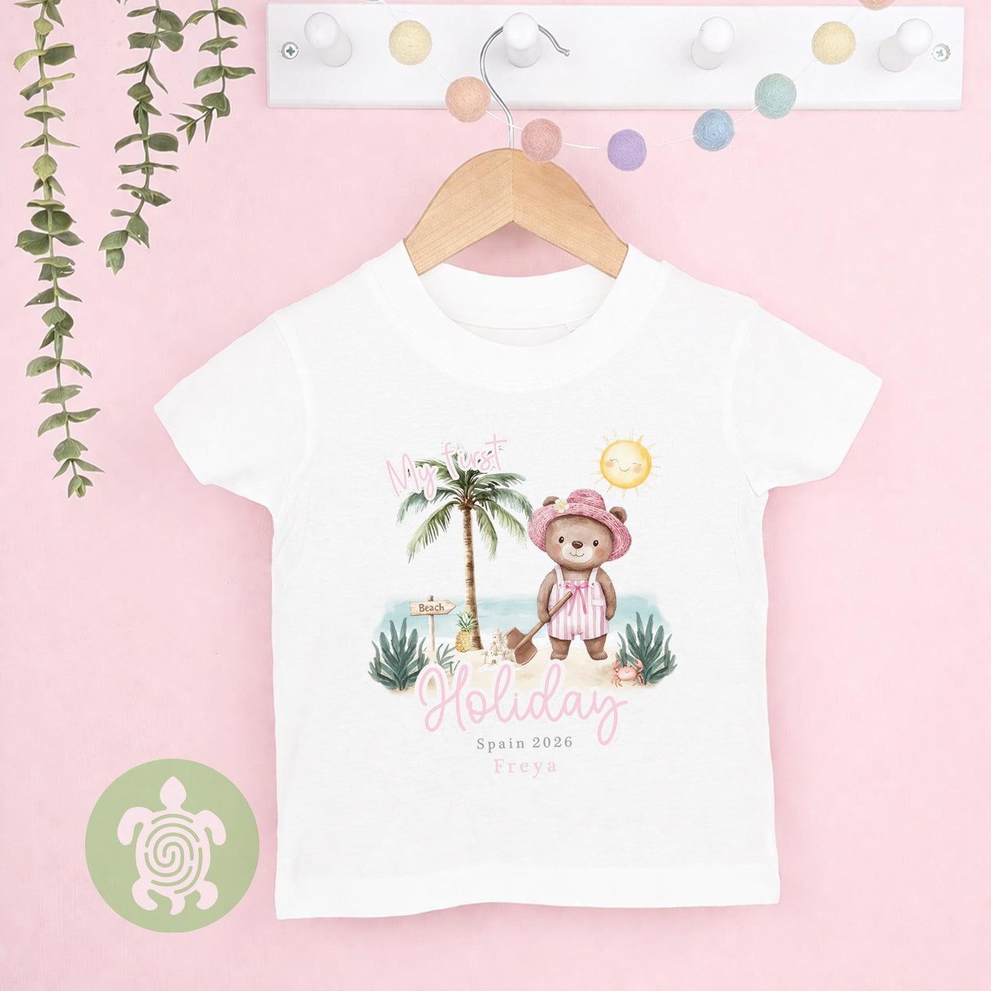 Personalised Pink Bear Beach My First Holiday Baby Vest, Children's T Shirt, First Holiday Sleepsuit, Babies First Holiday, First Time Flyer
