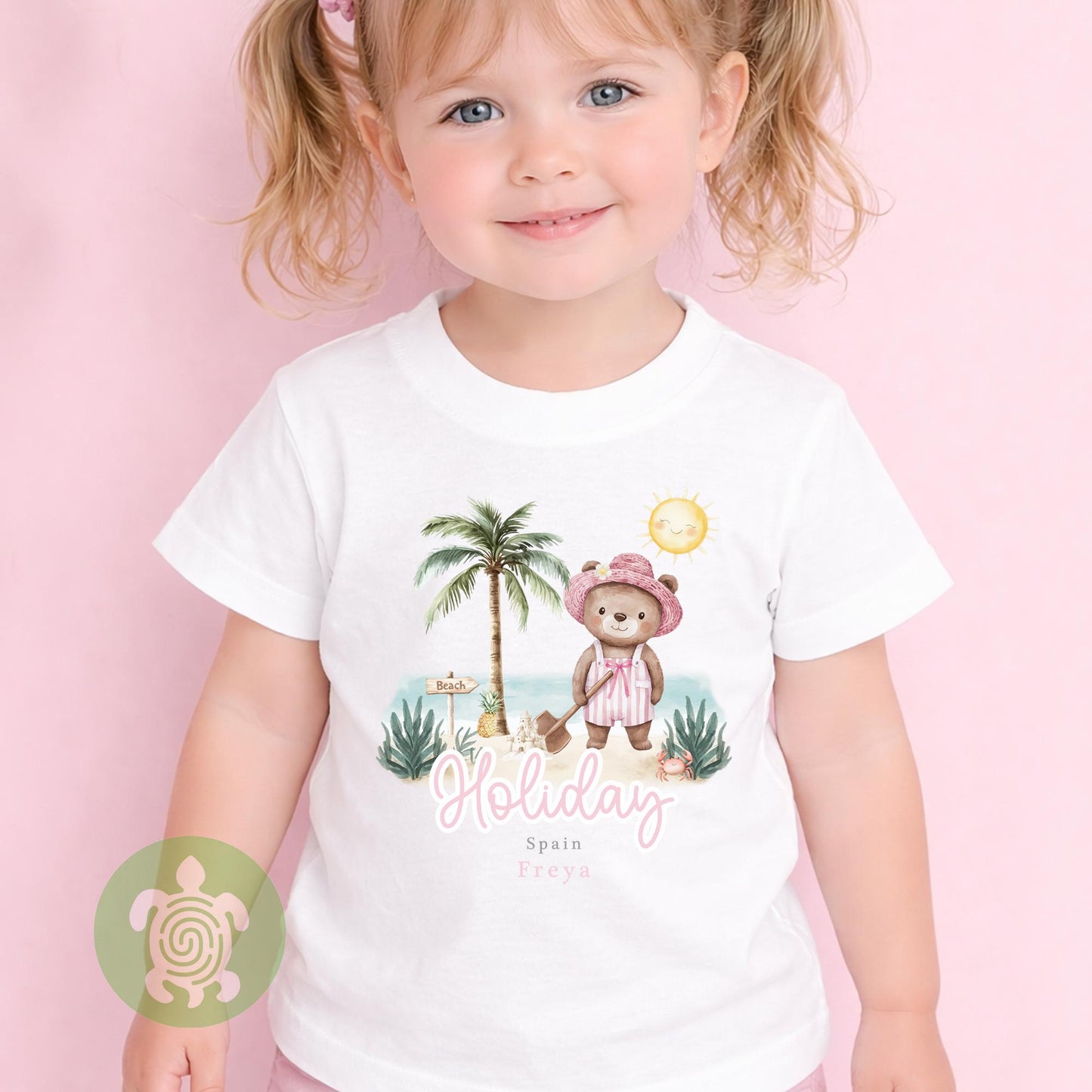 Personalised Pink Bear Beach Summer Holiday Baby Vest, Children's T Shirt, First Holiday, First Holiday, First Time Flyer, Travel Outfit