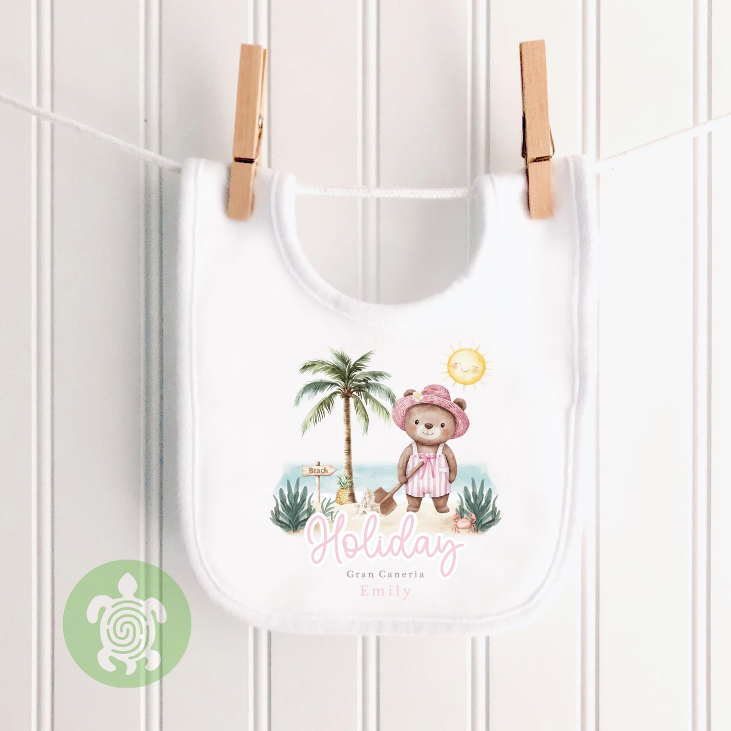 Personalised Pink Bear Beach Summer Holiday Baby Vest, Children's T Shirt, First Holiday, First Holiday, First Time Flyer, Travel Outfit