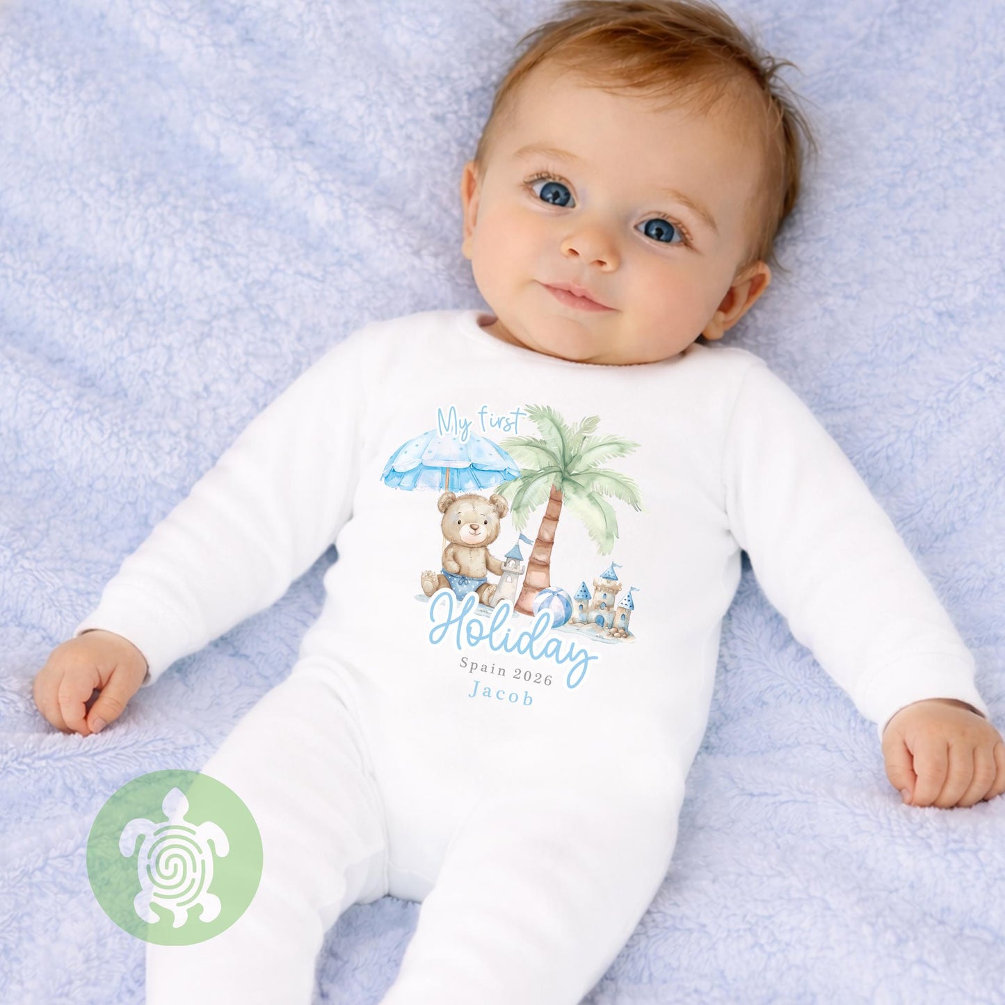 Personalised My 1st Holiday Blue Teddy Beach Babyvest, Children's T Shirt, First Holiday Sleepsuit, Babies First Holiday, First Time Flyer