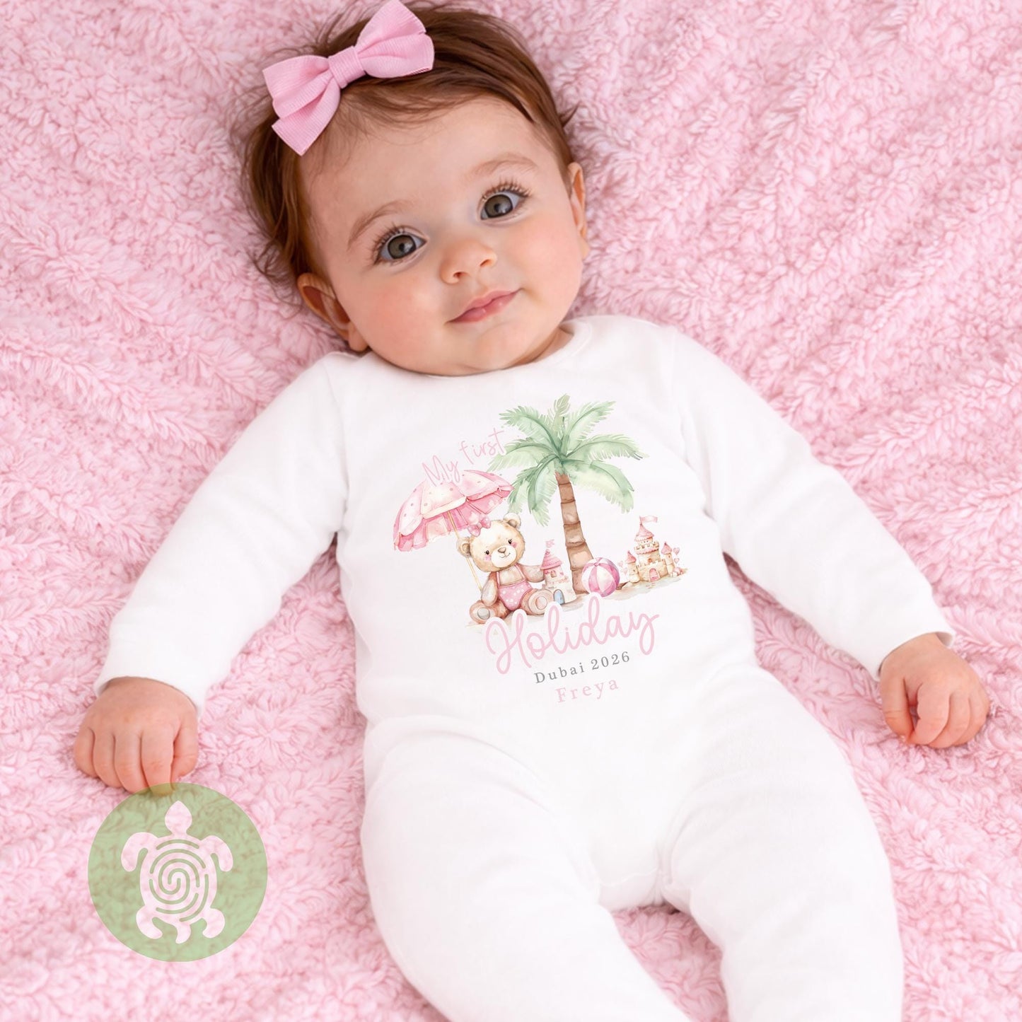 Personalised My 1st Holiday Pink Teddy Beach Babyvest, Children's T Shirt, First Holiday Sleepsuit, Babies First Holiday, First Time Flyer