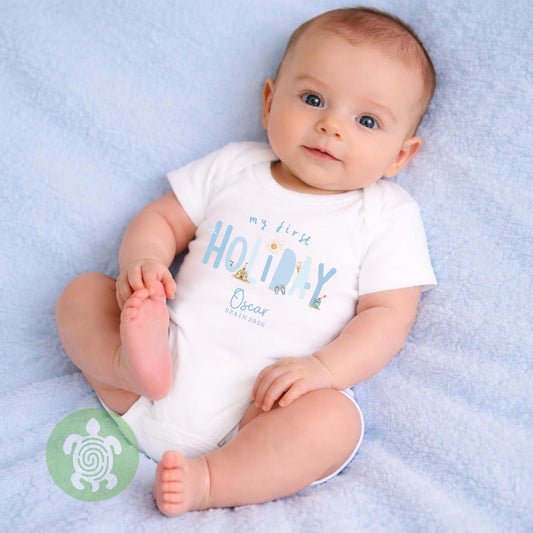 Personalised My 1st Holiday Blue themed Beach Babyvest, Children's T Shirt, First Holiday Sleepsuit, Babies First Holiday, First Time Flyer