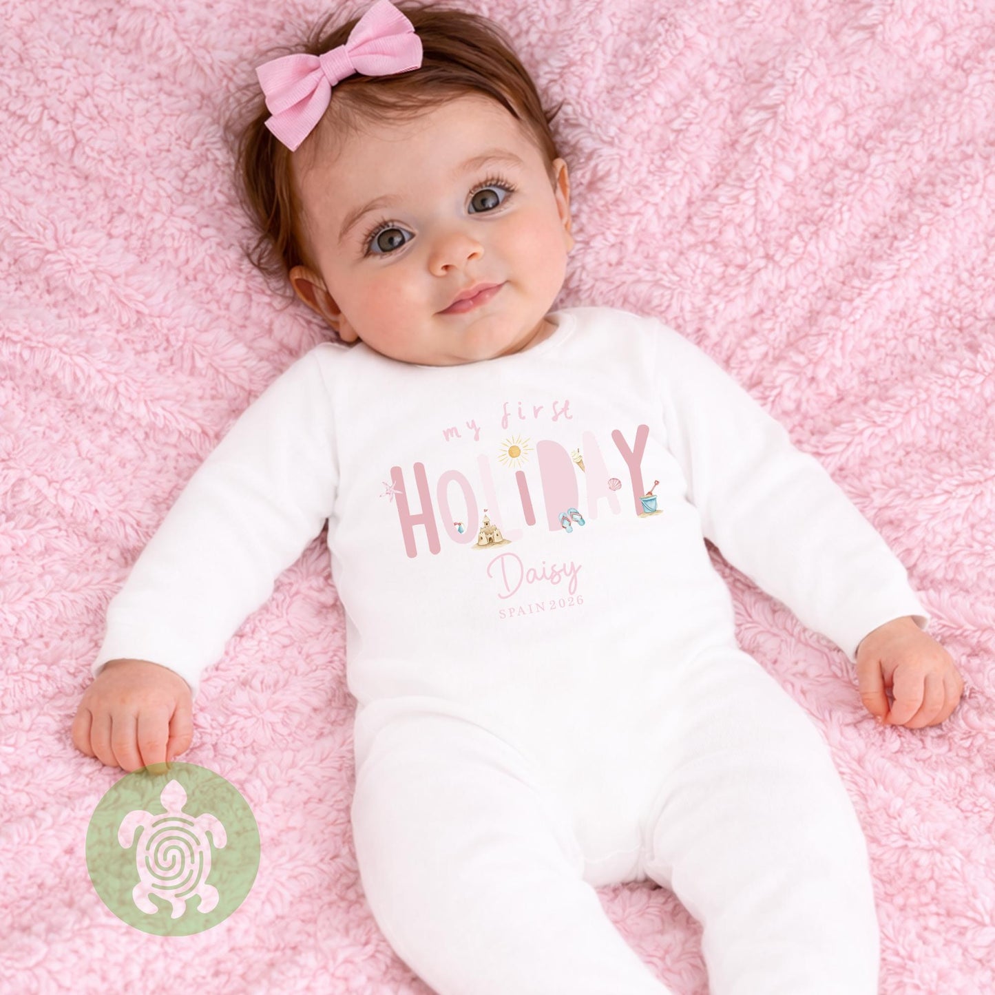 Personalised My 1st Holiday Pink themed Beach Babyvest, Children's T Shirt, First Holiday Sleepsuit, Babies First Holiday, First Time Flyer