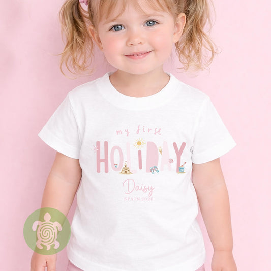 Personalised My 1st Holiday Pink themed Beach Babyvest, Children's T Shirt, First Holiday Sleepsuit, Babies First Holiday, First Time Flyer