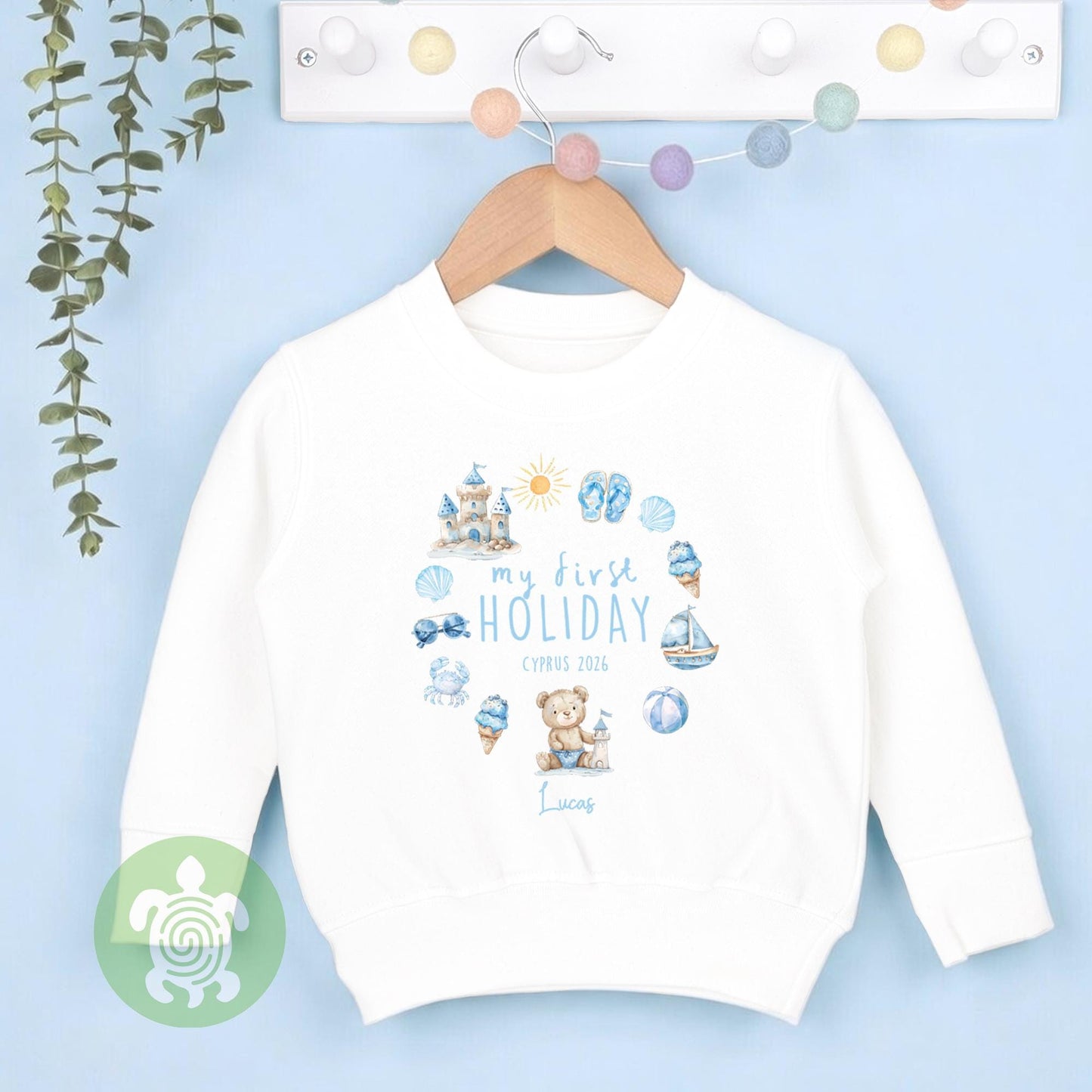Personalised My 1st Holiday Blue Teddy Wreath Babyvest, Children's T Shirt, First Holiday Sleepsuit, Babies First Holiday, First Time Flyer