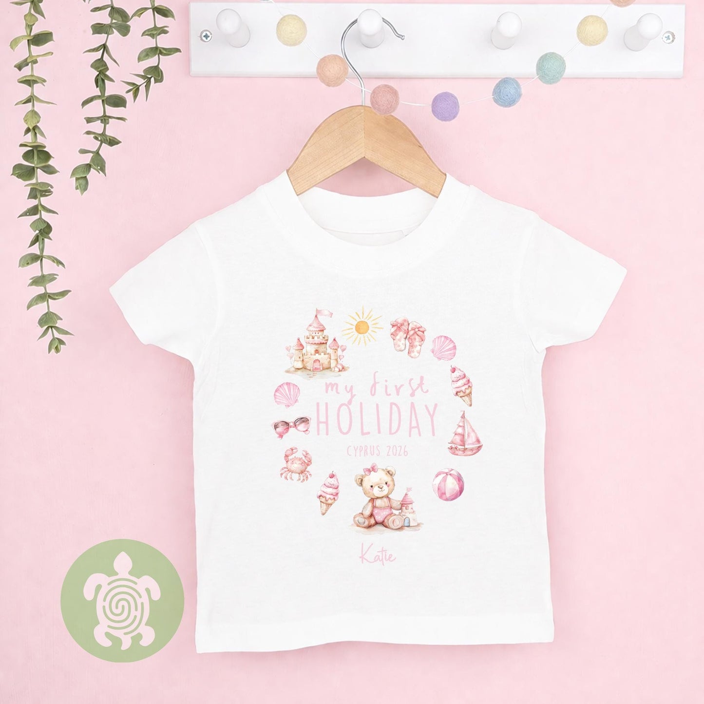 Personalised My 1st Holiday Pink Teddy Wreath Babyvest, Children's T Shirt, First Holiday Sleepsuit, Babies First Holiday, First Time Flyer