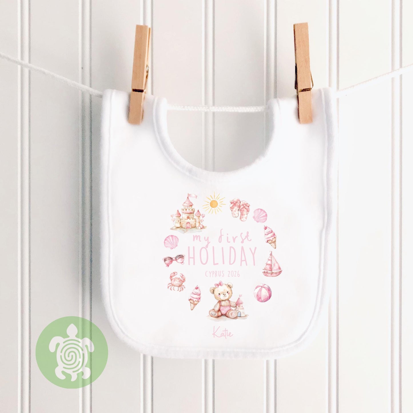 Personalised My 1st Holiday Pink Teddy Wreath Babyvest, Children's T Shirt, First Holiday Sleepsuit, Babies First Holiday, First Time Flyer