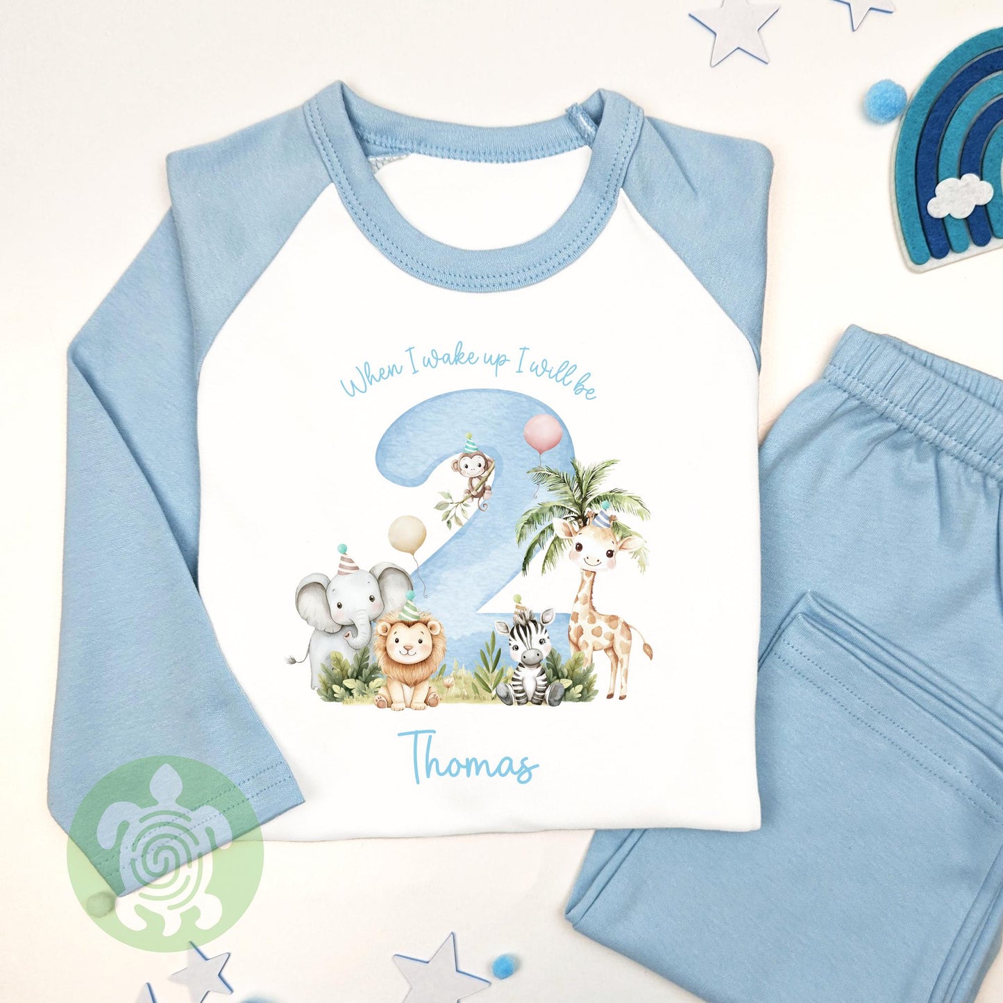 Personalised Blue Safari Party Birthday Pyjamas, Any Age, When I Wake Up Birthday, Boy Birthday, 1st 2nd 3rd, Boys First Birthday Pjs