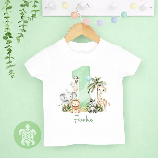 Personalised Children's Safari Number Green Birthday T-shirt, Wild One, Safari Animal First Birthday, Toddler Boy, T-shirt, Party Outfit