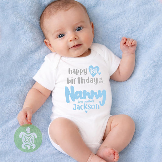 Personalised Happy 1st Birthday as my Nanny, Grandma Grandmother, Love you Lots, Baby Bodysuit, Babygrow, Pink Blue Option, Birthday gift