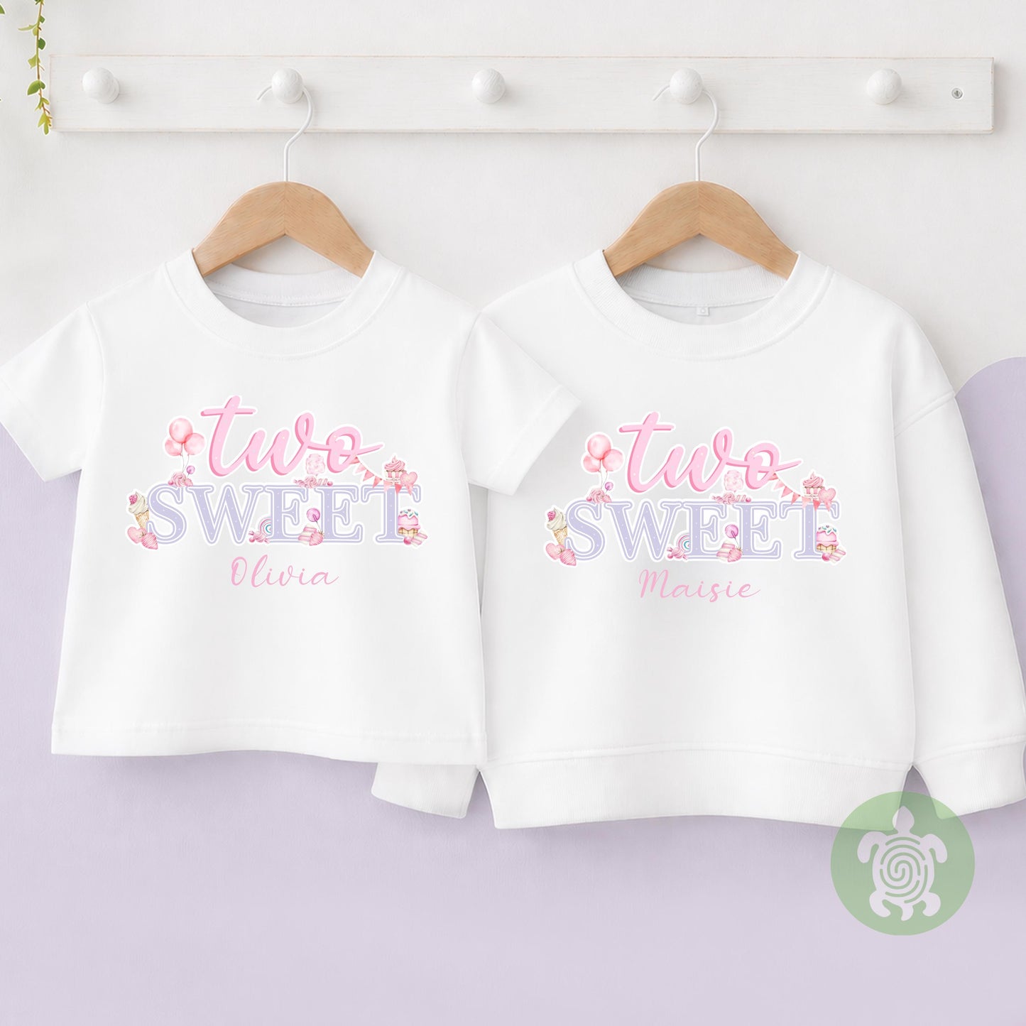 Two Sweet Theme 1st Birthday Party T-shirt Top, Personalised Second Birthday design with Baby Pink Print Children's Tee, Sweet Girl 2nd Bday