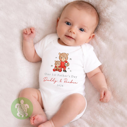 Personalised Happy 1st Father’s Day Football Bears Babygrow, First Father’s Day, 1st Fathers day, Gifts for Dad, Teddy Design, Footy Present